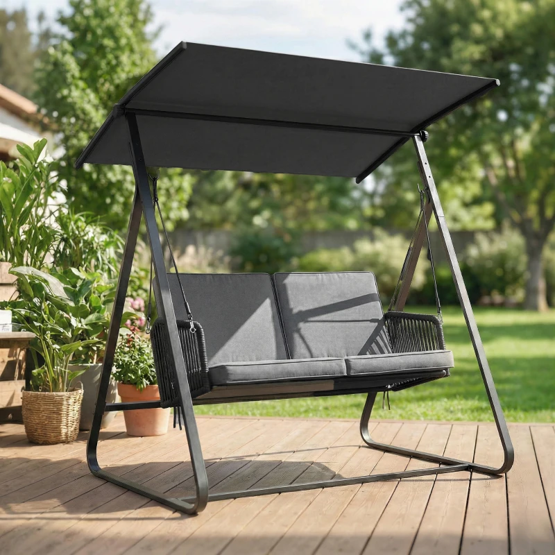 Outsunny Balancelle de jardin 2 places en résine tressée, balançoire extérieure avec toit réglable et coussin épais, gris