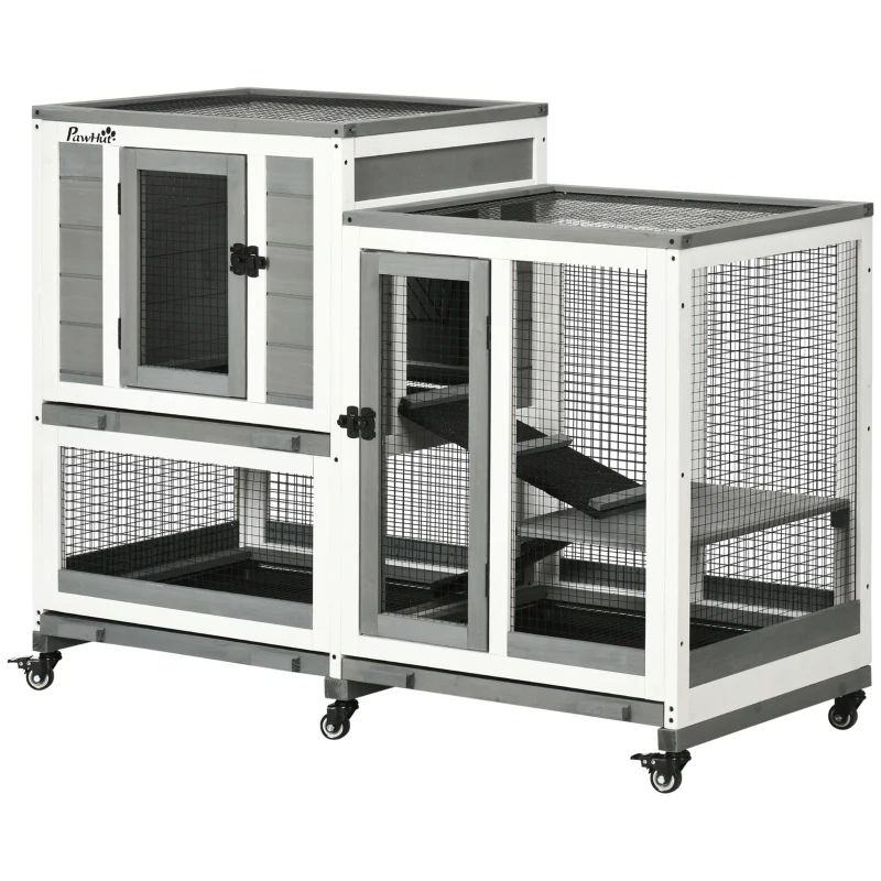 PawHut Clapier lapin intérieur cage lapin en bois design de luxe 3 niveaux avec 3 plateaux amovibles 110 x 50 x 86 cm gris