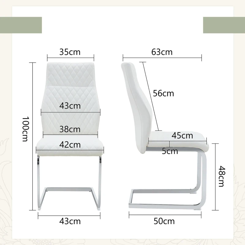 Chaise de salle à manger matelassée motif losange, dossier haut ergonomique, lot de 2, 43x63x100 cm, Blanc+Argenté
