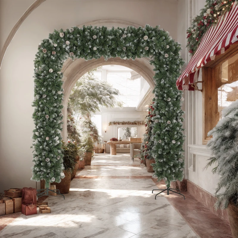 HOMCOM 8.2 ft Snow Frosted Christmas Tree Arch, Christmas Arch Doorway Decor with 2100 Tips and 96 Pinecones, Artificial Xmas Tree with Metal Stand for Indoor, Green