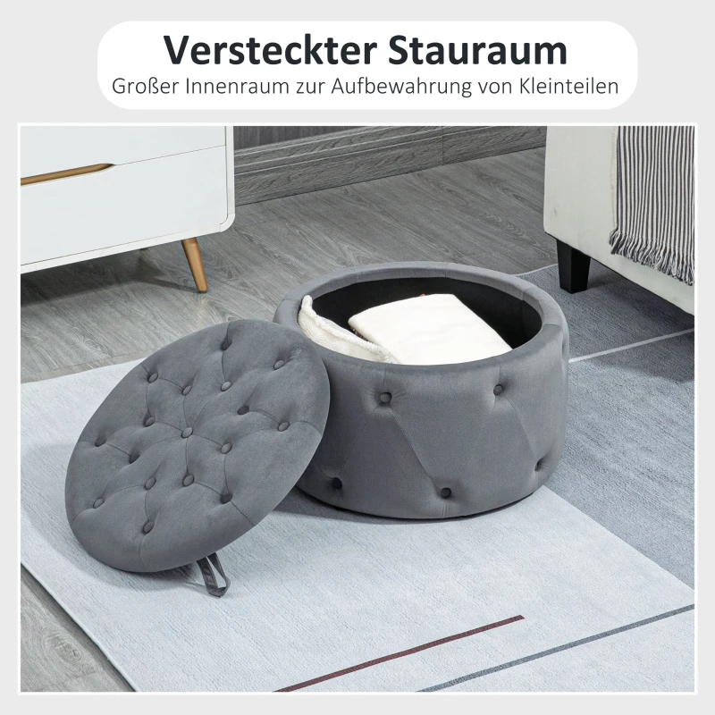HOMCOM Poef, rond, met opbergruimte, doorgestikt ontwerp met knopen, bekleding in fluwelen uiterlijk, grijs, 60 x 60 x 40 cm