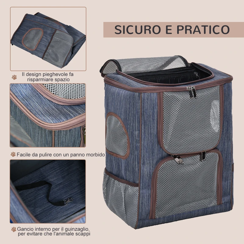 PawHut Zaino per Gatti Trasportino per Cani in Oxford, Cuscino Rimovibile e Lavabile, Inserti Rete Traspirante, 35x28.5x45cm, Blu Marrone