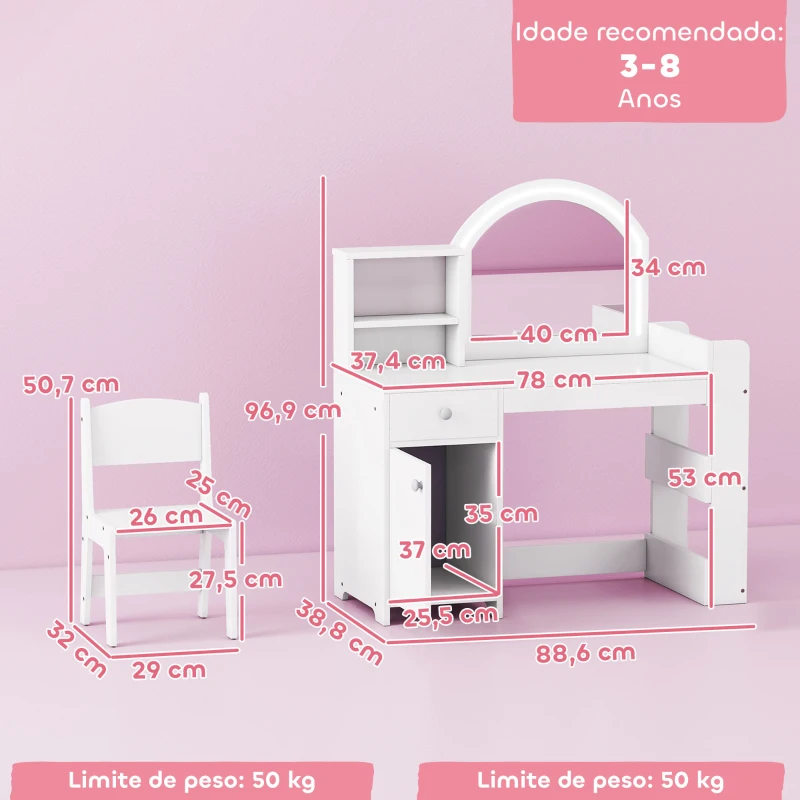 AIYAPLAY Toucador Infantil com Banqueta e Espelho com Luzes LED 1 Gaveta, Armário e 5 Prateleiras Branco