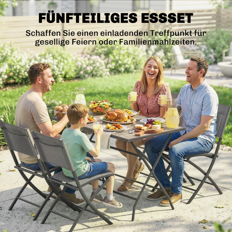 Outsunny Tuinmeubelset Inklapbaar Eetset 5-delig Tafel met 4 Ademende Stoelen Houtlook Ruimtebesparend