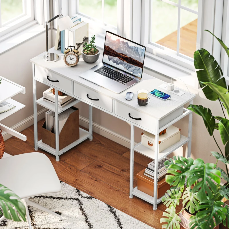 HOMCOM Bureau keukentafel met 2 USB-oplaadpoorten 2 stopcontacten verstelbare planken 3 stoffen lades 120x40x76 cm Wit