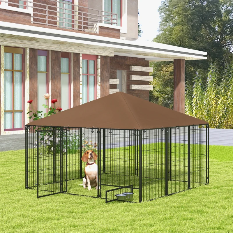 PawHut Chenil extérieur pour chiens en acier et tissu Oxford avec support gamelle toit 211 x 211 x 151 cm noir et café