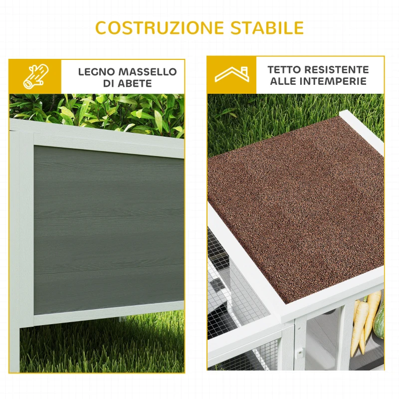 PawHut Conigliera da Esterno con Casetta, Area di Corsa e Vassoio, in Legno, Metallo e PET, 105x57.5x51.5 cm, Grigio