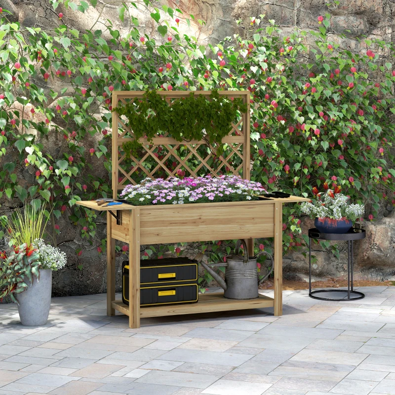 Outsunny Strat de Grădină Înălțat cu Grilaj pentru Plante, Jardinieră Înălțată cu Rafturi Laterale Pliabile, 243.5x192x195 cm, Gri