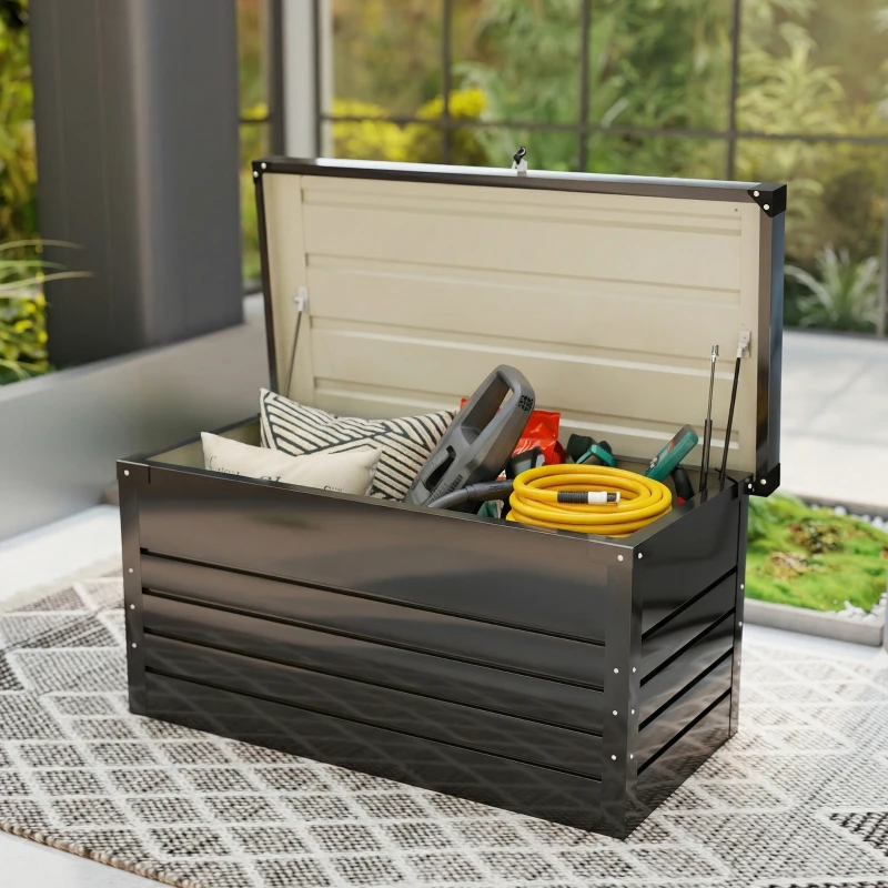 Outsunny Coffre de rangement métal boîte de jardin 350L double vérins à gaz  verrouillable pour coussins outils gris anthracite