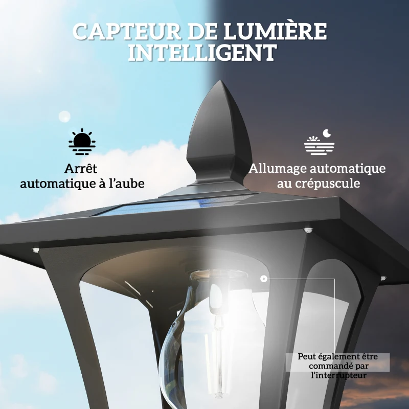 Outsunny Lampadaire solaire extérieur avec jardinière, lampadaire sur pied étanche, hauteur 160cm, pour jardin, cour, allée, noir