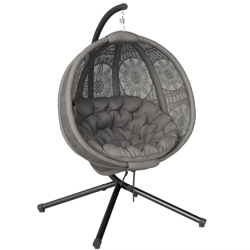 Outsunny Round Egg Basket Chair, with Steel Stand, Charcoal Grey
