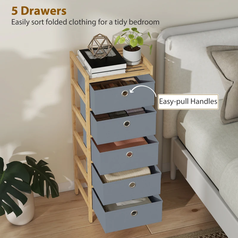 HOMCOM Chest of Drawers, 5 Fabric Drawers Narrow Dresser with Bamboo Frame, Light Grey