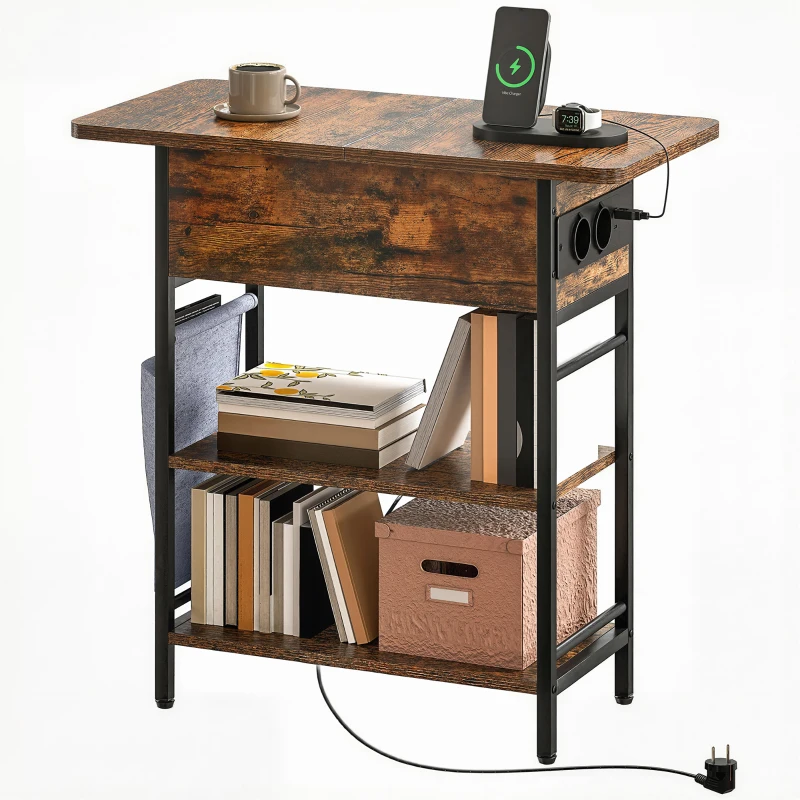 HOMCOM Bijzettafel/nachtkastje met stekkerdoos, 2 niveaus, USB-aansluitingen en opbergruimte, 60 x 29,8 x 58,5 cm, rustiek bruin(m-10)