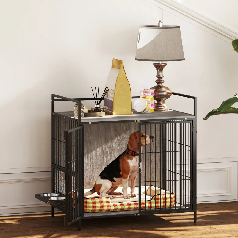 PawHut Dog Crate Furniture with Rotating Bowl Holder, 2 Bowls, 2 Doors, for Medium Dogs, 80 x 56 x 76.5 cm, Grey