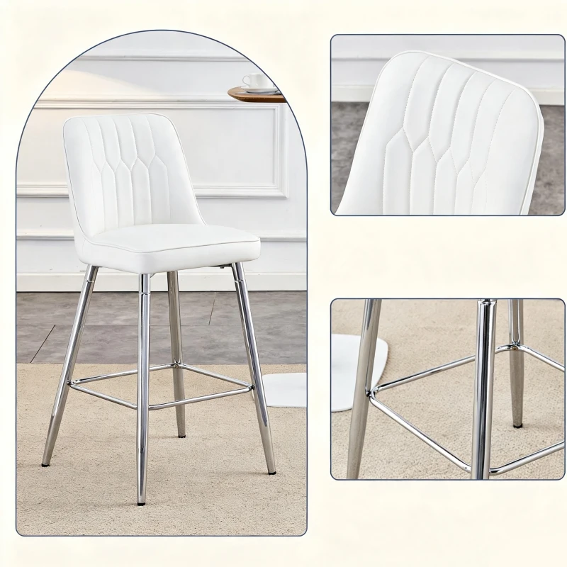 Lot de 2 tabourets de bar hauteur, design moderne et confortable, dossier incurvé et repose-pieds, 42x45x100 cm, Blanc+Argenté