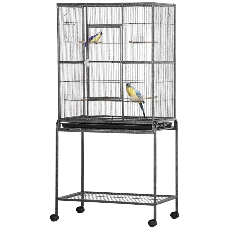 PawHut Jaula para Pájaros con Ruedas Pajarera Metálica con Perchas Comederos y Estante 81x48x162,5 cm Negro y Gris