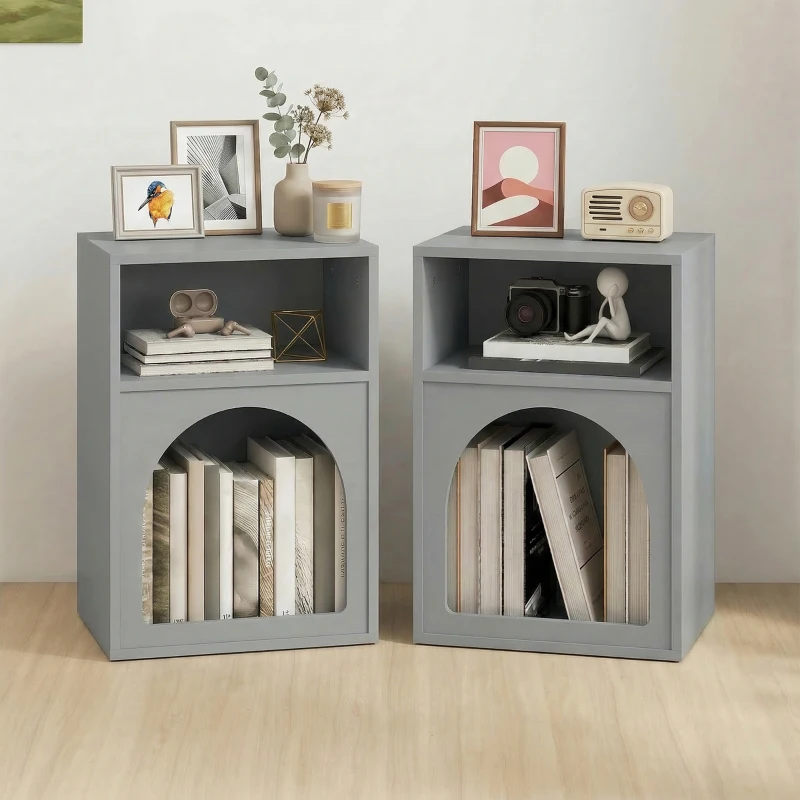 HOMCOM Lot de 2 tables de chevet, table de nuit avec compartiments ouverts, design arqué, 40 x 30 x 60 cm, gris