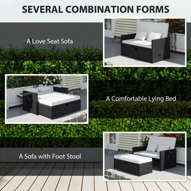 Outsunny Rattan Garden Daybed, Double Sun Lounger with 5-Level Adjustable Back, Storage Ottoman, Cream White