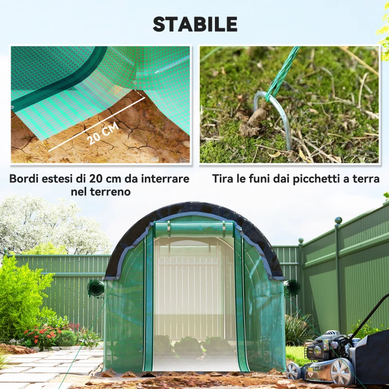 Outsunny Serra a Tunnel 3x2 m con Rete Ombreggiante Extra, Finestre e Ingresso a Zip, in PE e Acciaio, Verde