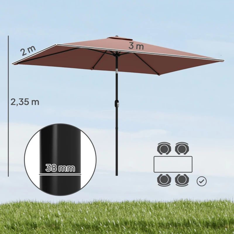 Outsunny Tuinparasol 300 x 200 cm kantelbaar balkonparasol met draaikruk Bruin