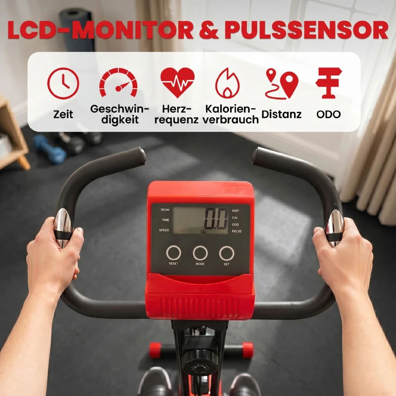 HOMCOM Vélo d'Appartement Pliable 4-en-1 - Ergomètre Magnétique Silencieux avec Cordes de Résistance - Sport Maison et Cardio-training avec Roulettes, Selle Confort et LCD (Max 120kg), Rouge