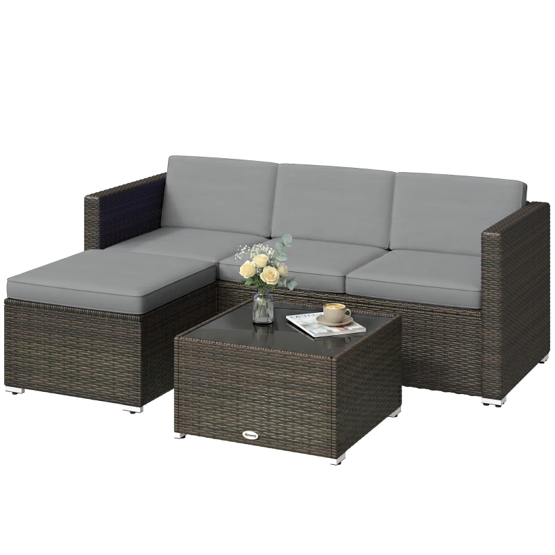 Outsunny 3 Pieces Garden Furniture Set w/ Cushions, PE Rattan Wicker Conversation Corner Sofa Set, Light Grey