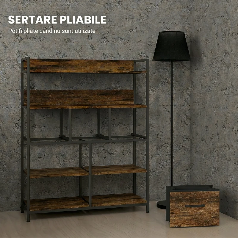 HOMCOM Comodă cu 7 Sertare Detașabile cu 2 Rafturi Industrial din Lemn și Oțel, 79x29x101 cm, Maro și Negru