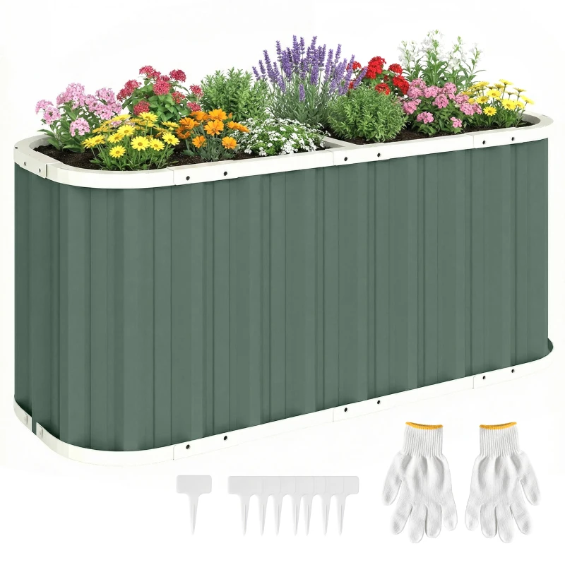Outsunny Verhoogd Plantenbed Metalen 136 x 53 x 61 cm Diep Tuinbak met Beschermranden Plantenetiketten Handschoenen Open Bodem
