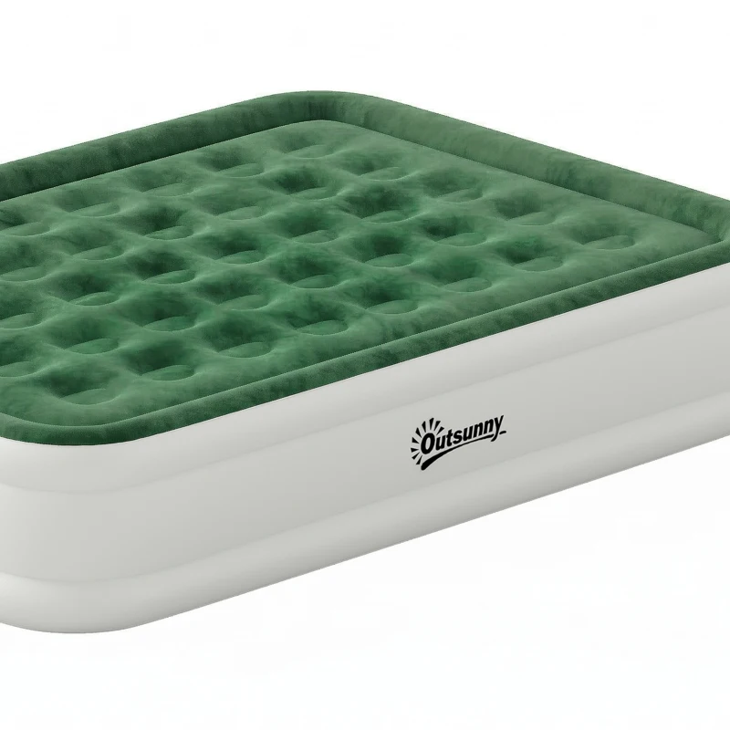 Outsunny Inflatable Mattress, Double Air Bed with Built-in Electric Pump, 3 Mins Inflation, Flocked Surface, Dark Green