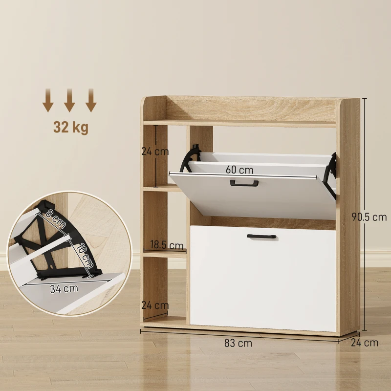 HOMCOM Dulap Slim pentru Pantofi cu 2 Sertare Rabatabile și 3 Compartimente, Capacitate 15 Perechi, 83x24x90,5 cm, Lemn și Alb