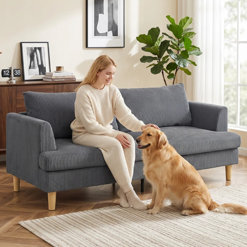 HOMCOM Sofá de 3 Lugares Revestido em Veludo Almofadas Espessas com Molas Assento Largo 2 Almofadas 188x80x86 cm Cinzento Escuro