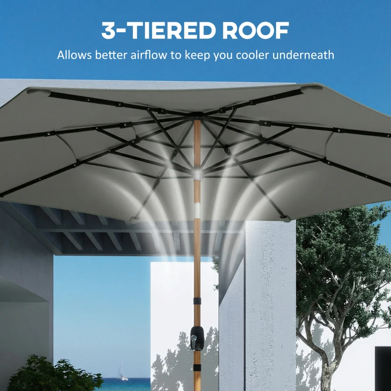 Outsunny Garden Parasol, Parasol Umbrella with 3-tier Roof, Crank Handle, Tilt Function, Polyester Canopy, Grey