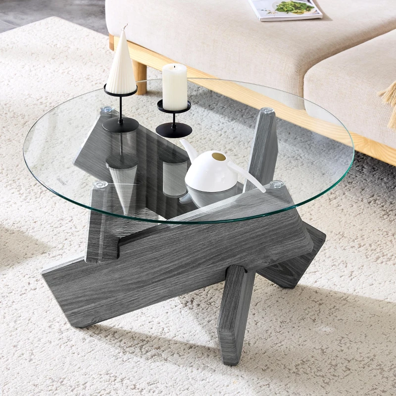 Table basse ronde, design moderne, facile à nettoyer et stable, 79x79x45 cm, Transparent