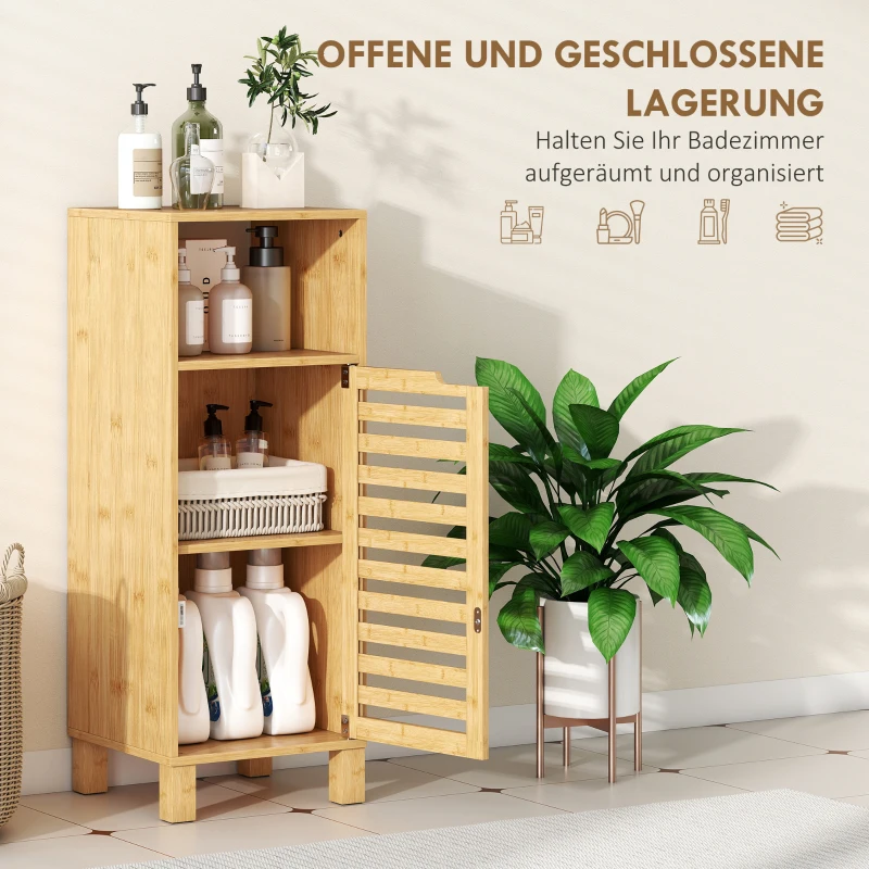 HOMCOM badkamerskast, open vak, kast, bamboehout, lamellendeur, lichtbruin