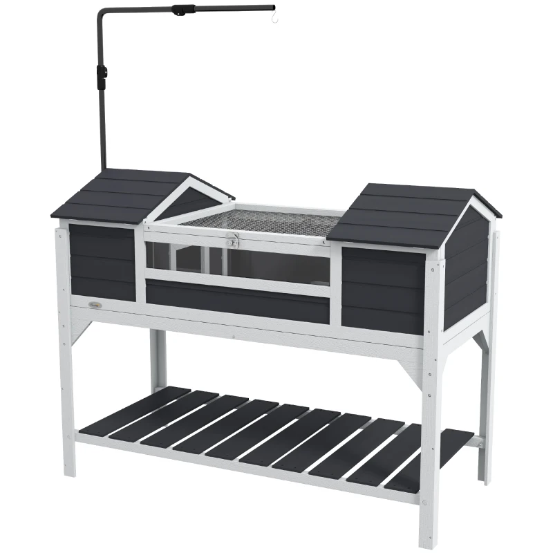 PawHut Maison tortue terrestre extérieure enclos tortue 2 niches support de lampe réglable bois massif 122 x 56,5 x 93 cm gris