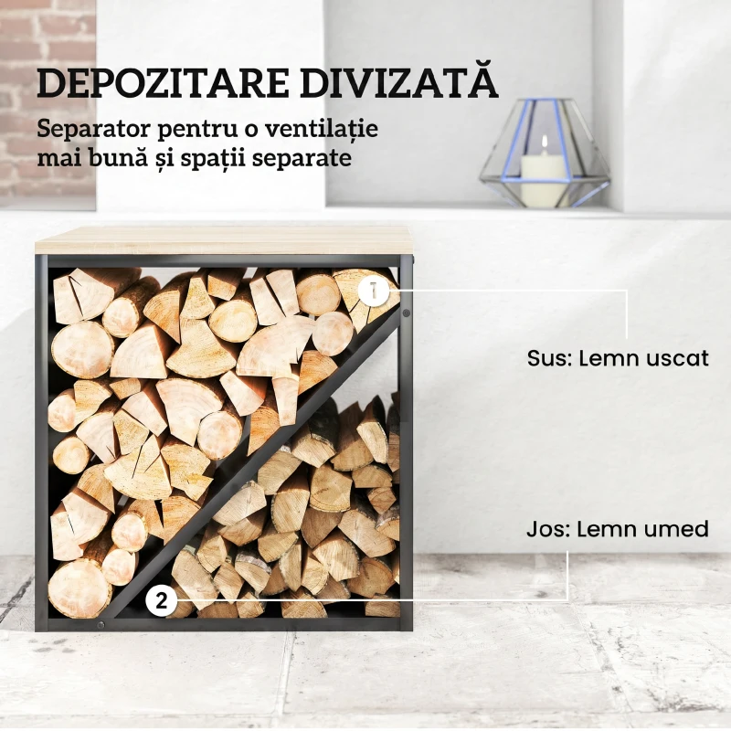 Outsunny Suport pentru Lemne de Interior 2 în 1, Suport Înălțat cu Separator, pentru Șemineu, 58 x 36 x 60 Cm, Negru