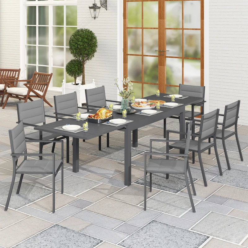 Outsunny Salon de jardin table extensible 135-270 cm en aluminium et textilène 6/10 personnes 8 chaises empilables gris