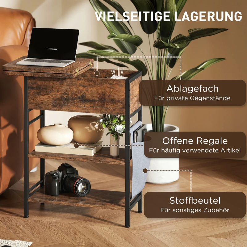 HOMCOM Bijzettafel/nachtkastje met stekkerdoos, 2 niveaus, USB-aansluitingen en opbergruimte, 60 x 29,8 x 58,5 cm, rustiek bruin(m-5)