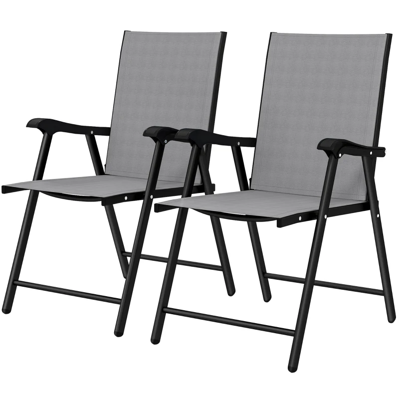 Outsunny Folding Garden Chairs Set of 2, Foldable Garden Dining Chairs with High Back, Armrests, Texteline Seat, Light Grey