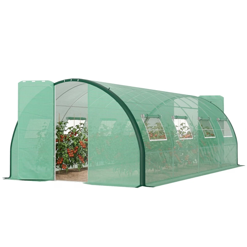 Outsunny Serre de jardin tunnel serres tunnel 18 m² 8 fenêtres 2 portes articulées toile PE structure en fer galvanisé vert