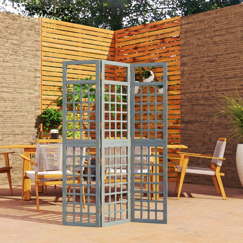 Outsunny 3-Panel Garden Privacy Screen, Freestanding Foldable Wooden Outdoor Divider/Trellis, Decorative Privacy Screen, Grey