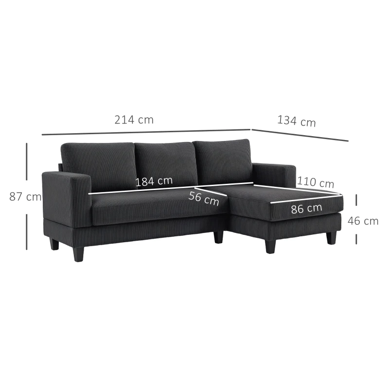 HOMCOM Hoekbank, L-vormige 3-zitsbank met Chaise Longue, Houtconstructie, 8 Poten, Corduroy Stof, Schuimstofbekleding, Grijs