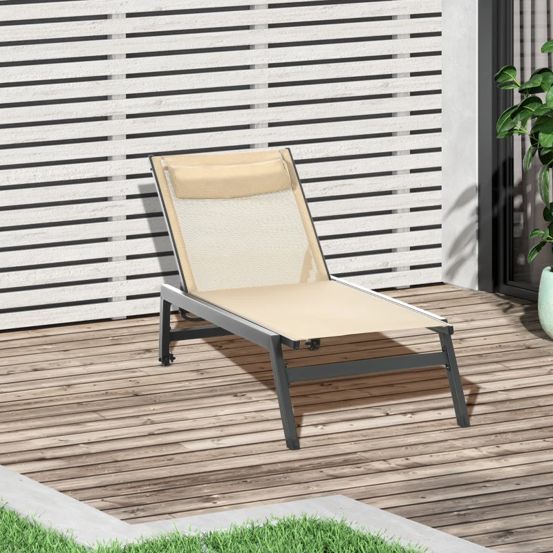 Outsunny Bain de soleil transat en aluminium et textilène avec roulettes et repose-tête dossier inclinable kaki