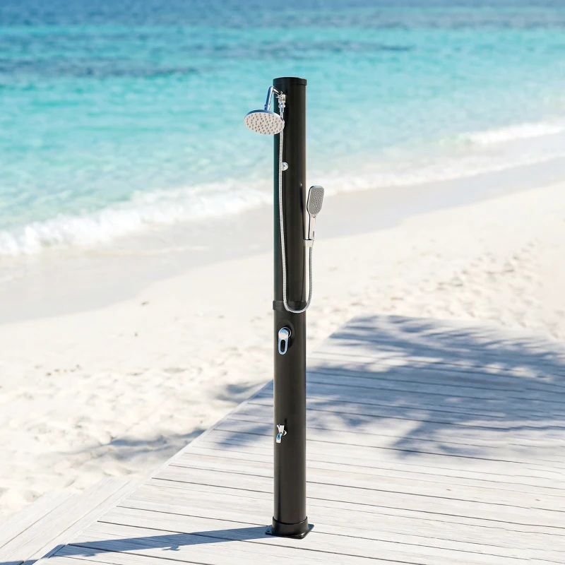Outsunny Douche Solaire de Jardin 40L avec Douchette à Main et Robinet Lave-Pieds Mitigeur Eau Chaude 218cm de Haut Anti-UV Noir