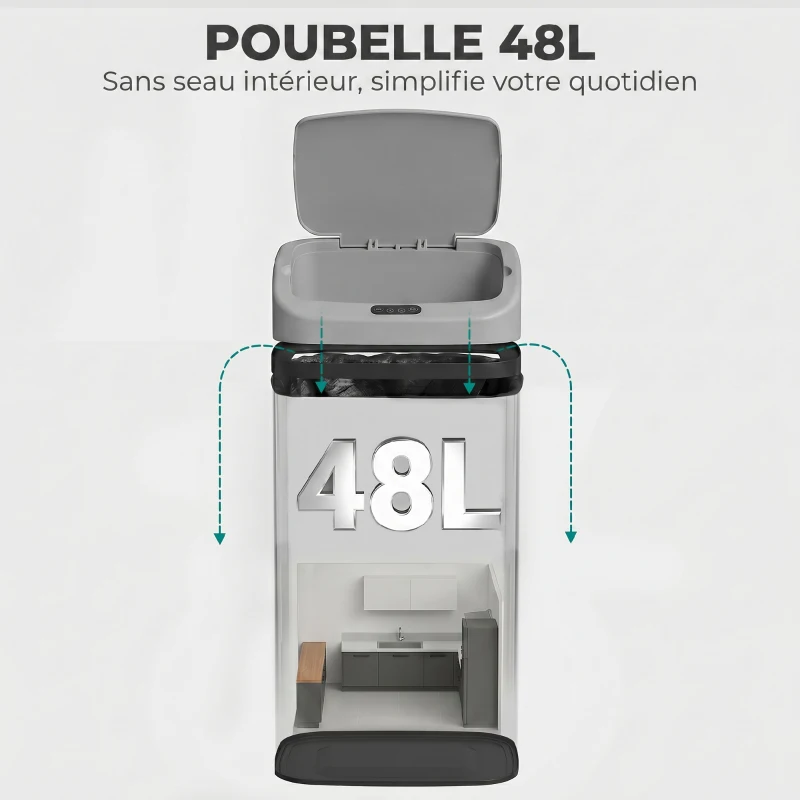 HOMCOM Poubelle de cuisine automatique 48L en acier inoxydable, couvercle à fermeture en douceur, 33x25x69cm, argent