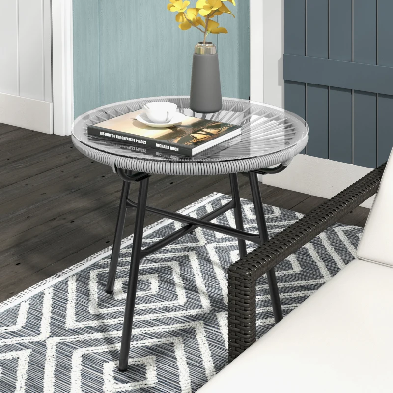 Outsunny Tuintafel Boho-stijl buiten bijzettafel, PE-Rattan, gehard glas, weerbestendig, 50 cm x 50 cm x 50 cm, Grijs