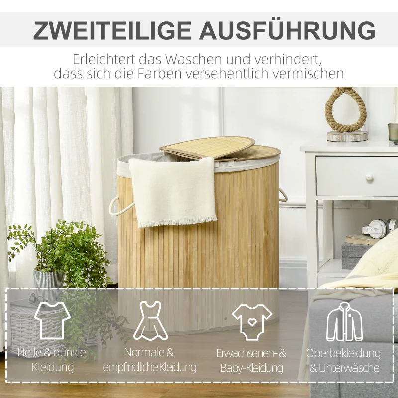 HOMCOM 100L wasmand met uitneembare wasbank 62,5 cm x 37 cm x 60,5 cm naturel + wit