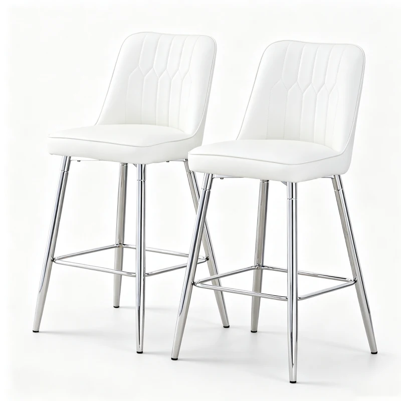 Lot de 2 tabourets de bar hauteur, design moderne et confortable, dossier incurvé et repose-pieds, 42x45x100 cm, Blanc+Argenté