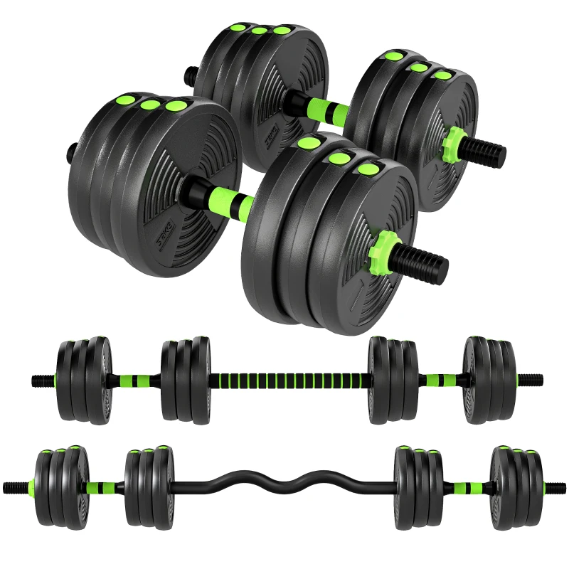 SPORTNOW 25 kg 3-in-1 Adjustable Dumbbell & Barbell Set with EZ Bar, Connecting Rod and Non-Slip Grip for Home Gym, Green