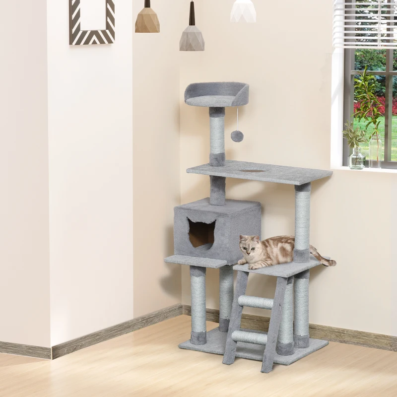 PawHut Tiragraffi Palestra per Gatti Multilivello con Casetta Scala Piattaforme, Pali in Corda di Juta, Grigio, 60.5x40x124cm
